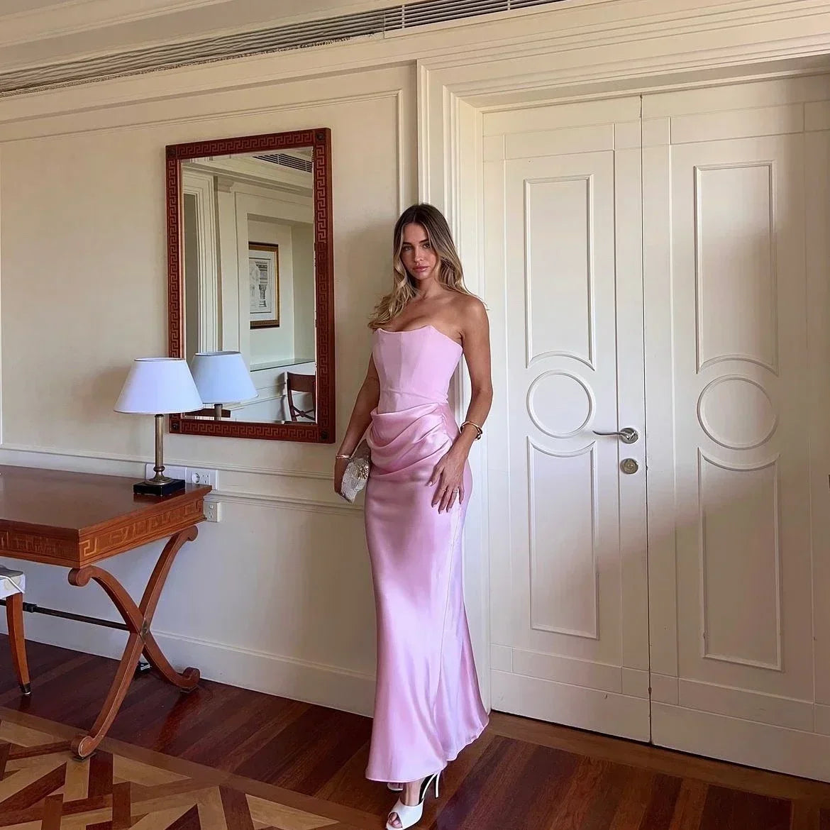 Aiertu  -  Winter Women Strapless Evening Dress 2025 Pink Maxi Corset Dress Elegant Long Satin Night Gala Party Dresses Aiertu