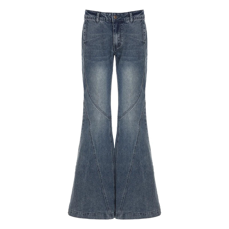 Aiertu  -  Y2K Low Waisted Washed Flare Jeans Korean Streetwear Blue Slim Fit Denim Pants Fashion Lady Casual Boot Cut Trousers Aiertu