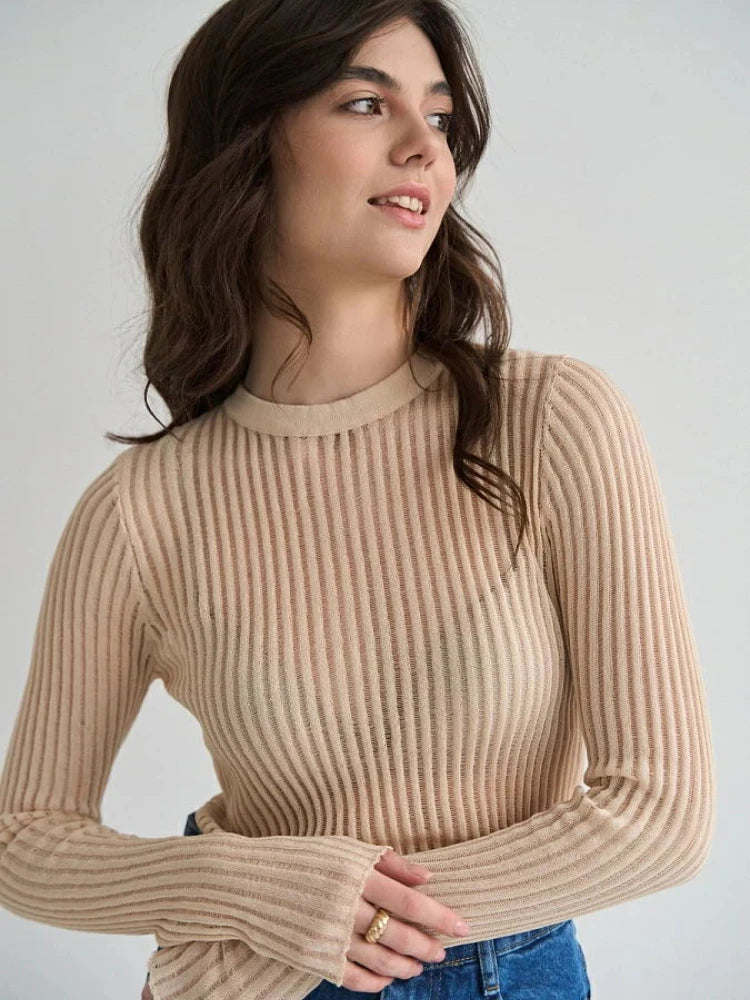 Aiertu  -  Fashion White Elegant Striped See Through Women Tops Outfits Long Sleeve T-Shirts Tees Skinny Club Party Clothes 2023 Aiertu