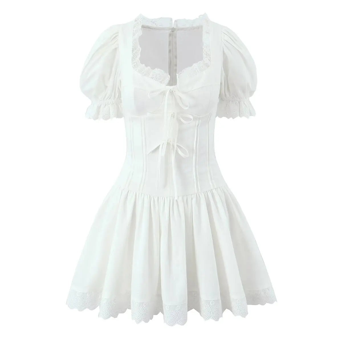 Aiertu  -  Sweet Beige Splice Lace Square Collar Bow Front Short Puff Sleeve Dress Women Lace Hem Low Waist Dresses Mini Cake Robe Aiertu