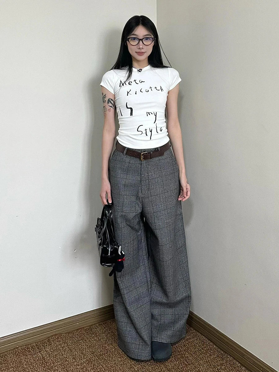 Aiertu  -  Women Checkered Tweed Suit Pants Office Work Casual Wide Leg Boot Cut High Waist Long Trousers Dressy Vintage Clothes Aiertu