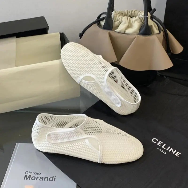 Aiertu    -  Red Ballet Flats Women Low Heel Pumps Summer Mesh Mary Jane Shoes Comfort Flat Shoes Black Round Toe Ladies Beach Aiertu