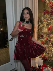Aiertu  -  Elegant Burgundy Velvet Pleated Mini Dress Women Fashion Square Neck High Waist Slim Gowns 2026 Autumn Party Cblu Evening Wear Aiertu