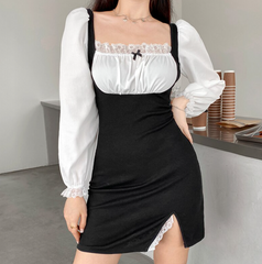 Aiertu - Slim Wrinkled Lace Maid Dress Aiertu