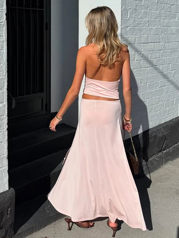 Aiertu  -  Folds Temperament 2-Piece Set Women Metal Rings Low-Neck Backless Sleeveless Tops+Streamers Long Skirts Matching Suits Aiertu