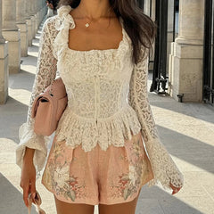 Aiertu  Elegant French Style Women Lace Hem Crop Top See Through Aesthetic Flare Sleeve Fitted Square Collar T-shirt Spring Aiertu