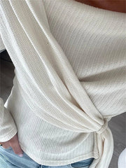 Aiertu  -    Casual Bandage Patchwork T-shirt Pullover Female Solid Lace-Up Off-Shoulder Slim Pleated White Tee Women Knit Sweater Top Aiertu