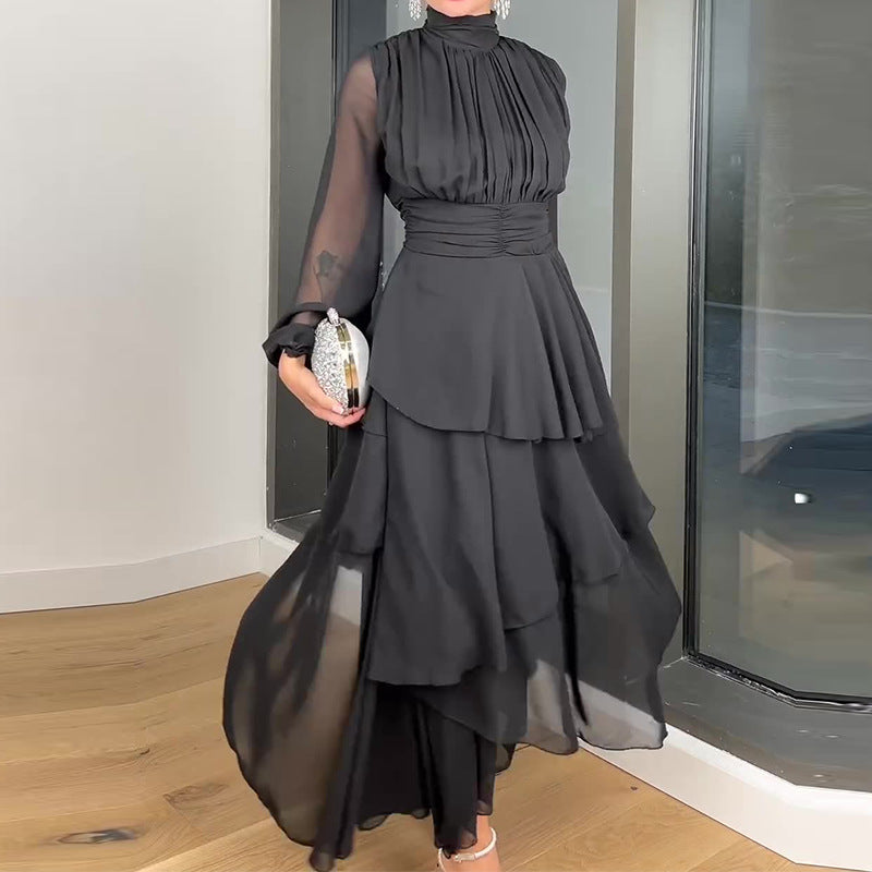 Aiertu 2025 New French Hepburn Wind Solid Color High Collar Waist Cake Dress Woman-Outfit Ideas Aiertu
