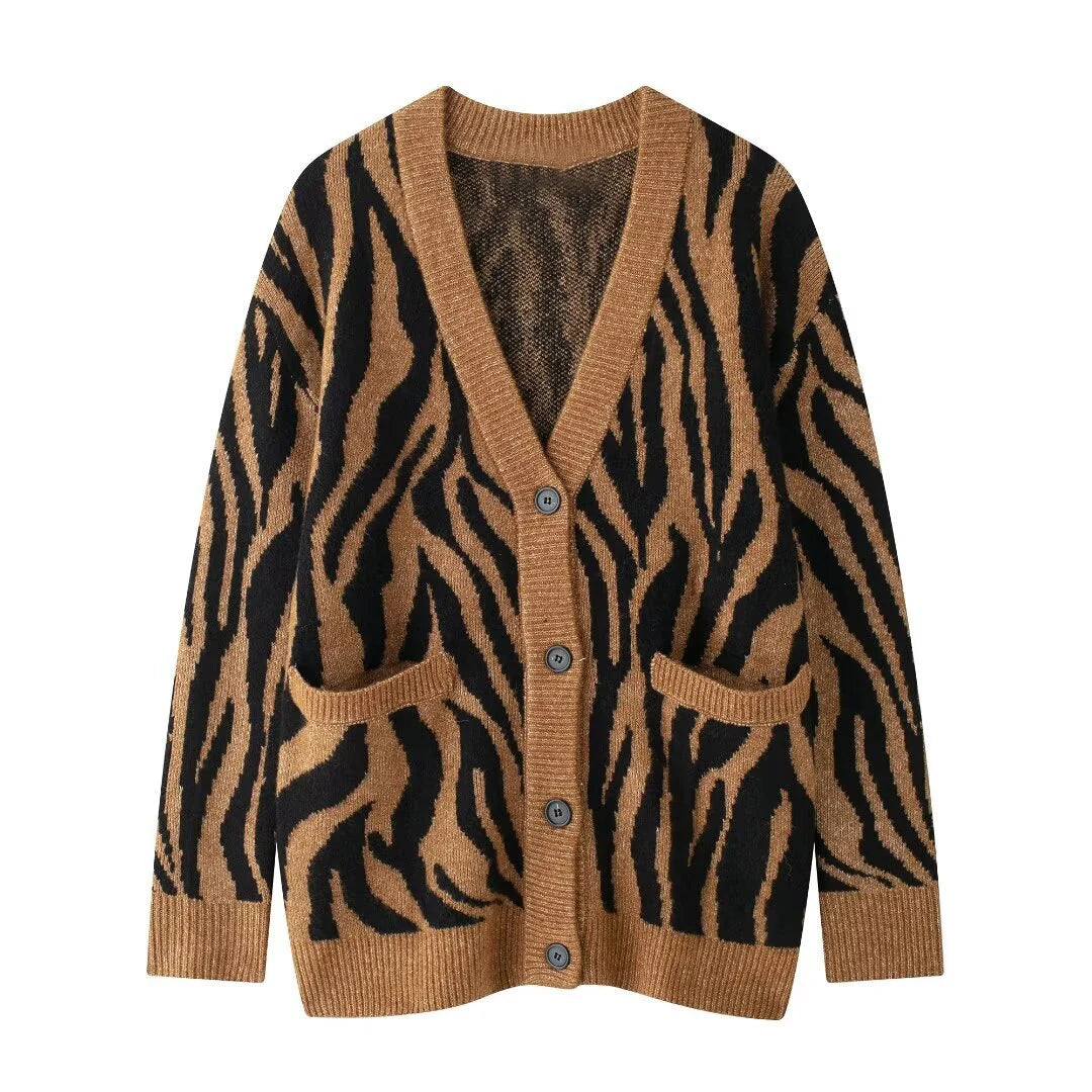 Aiertu  -  Animal Striped Jacquard Cardigan Women 2026 Winter New V Neck Single Breasted Pocket Sweater Vintage Fashion Knitted Outerwear Aiertu
