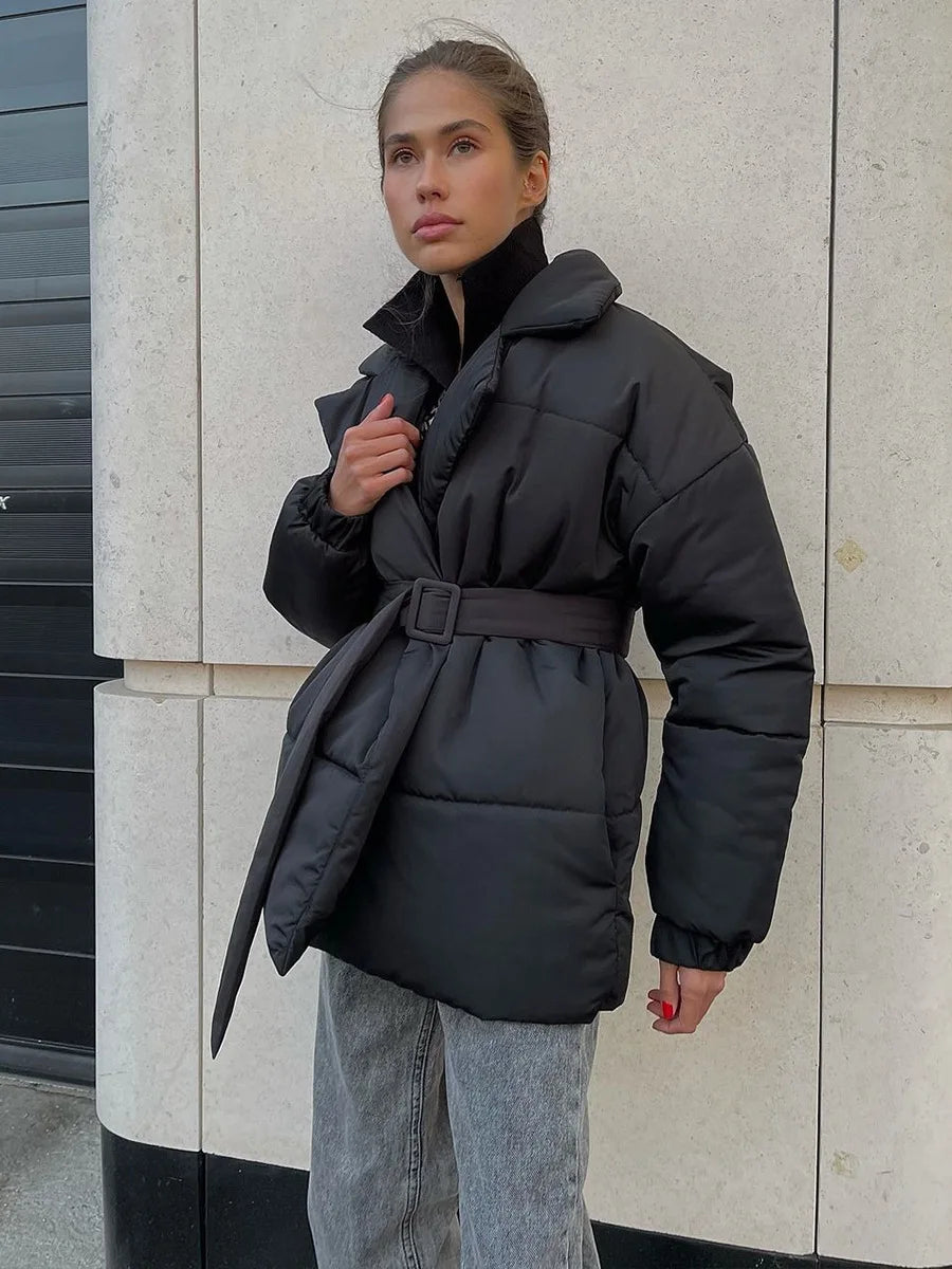 Aiertu  -  Fall Winter Thickened Lapel Cotton Jackets Coat For Women Solid Color Lace Up Waist-Cinching Casual Cotton-Padded Jacket Aiertu