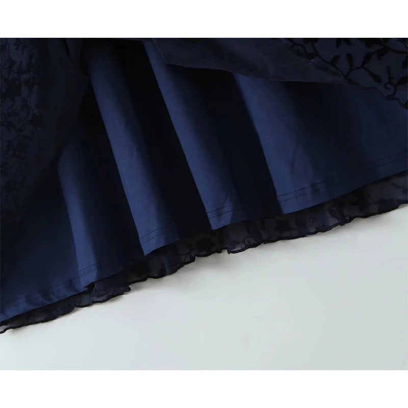 Aiertu  -  Summer Women Navy Blue Short Sleeve V Neck Floral Print Dress High Waist A-line Midi Mesh Vintage Dresses French Style Robe Aiertu