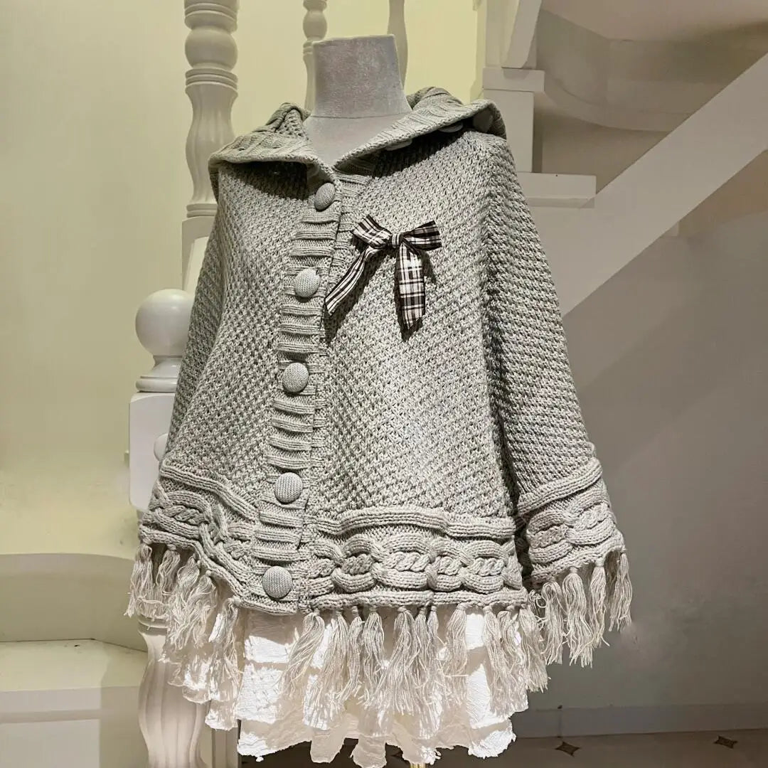 Aiertu  -  Women Preppy Style Two Pieces Set Y2K Aesthetic Bow Casual Knitted Tassels Hooded Grunge Fairy Lace Patchwork Short Skirts Suit Aiertu