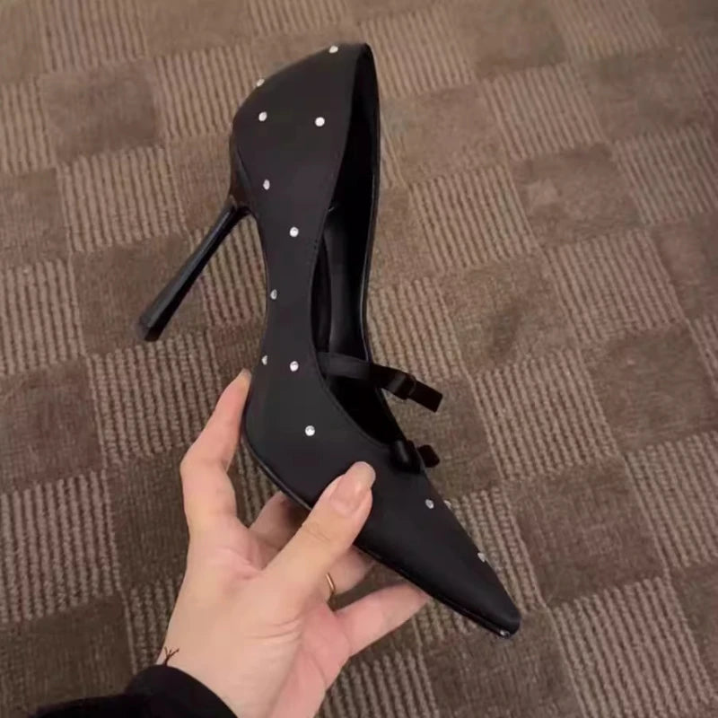 Aiertu    -  New Thin Heel Shallow Mouth Single Shoes Banquet Fashion Bow Pointed Water Diamond Silk High Heels Aiertu