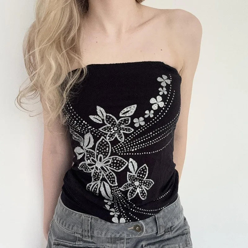 Aiertu  -  Dark wind Y2K babes plant floral print tube top summer slim sexy black backing vest women Aiertu