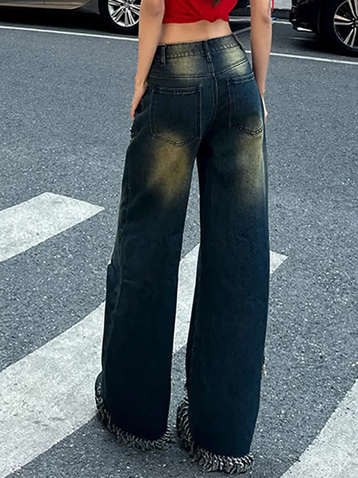 Aiertu  -Star Rhinestone Gradient Low Waist Loose Jeans aiertu
