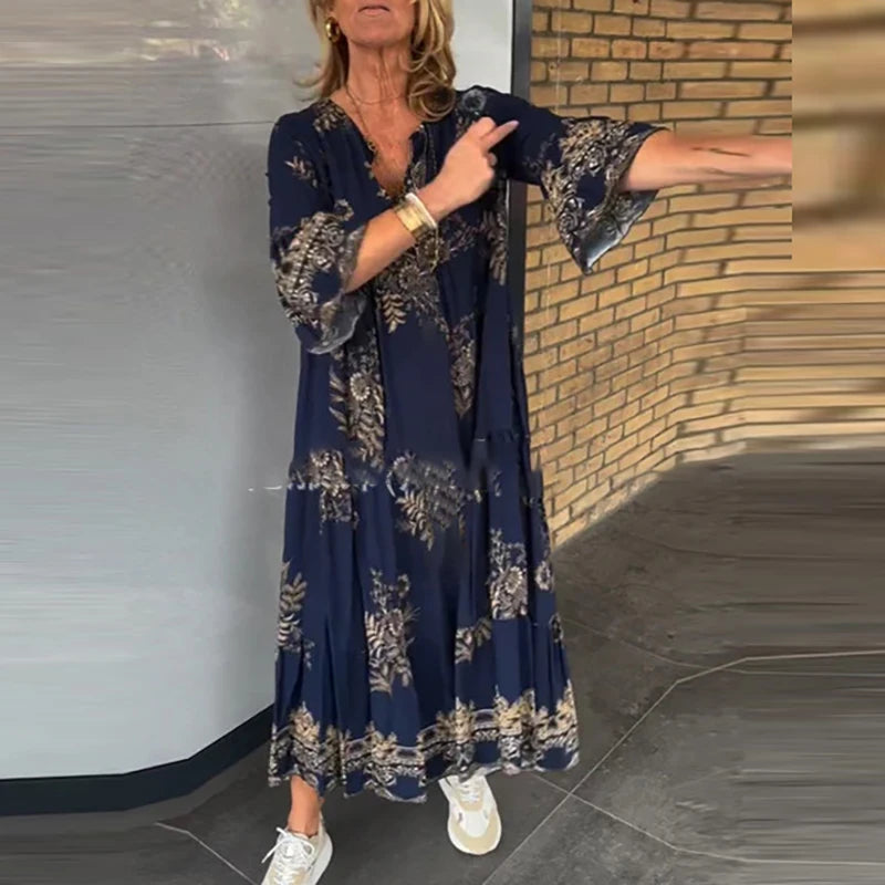 Aiertu  -  Elegant Deep V-neck Bohemian Long Dress Fashion Pattern Printed Pleated Party Dress Women Causal Long Sleeve Swing Beach Dress Aiertu