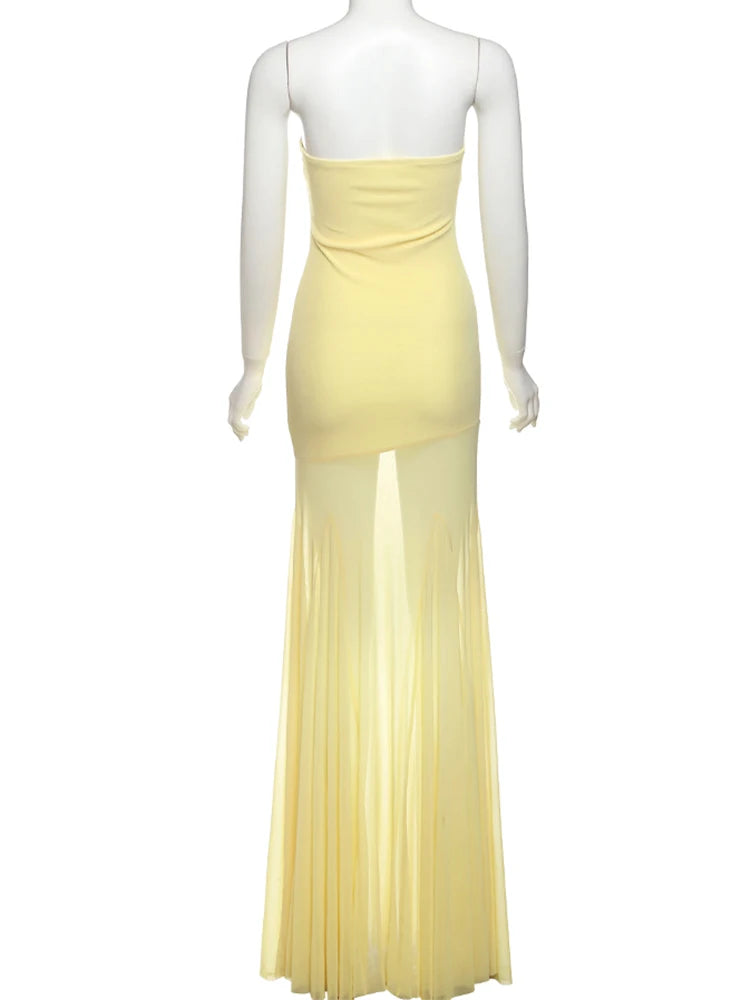 Aiertu  -  See Through Dress Women Patchwork Temperament Solid Pleated Strapless Sleeveless Backless Slim Banquet Party Vestidos Aiertu