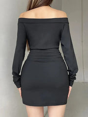 Aiertu  -Rhinestone Off-Shoulder Ruched Long Sleeve Mini Dress aiertu