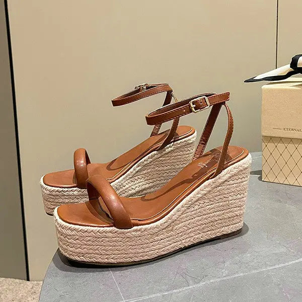 Aiertu  -  Summer New Buckle Square Head Hemp Wedge Sandals Thin Belt Braided Platform High Heel Shoes For Women Aiertu