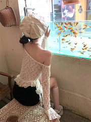 Aiertu  -  Flowy Ruffle Hem Long Sleeve T-shirt Women White Floral Lace Ribbon Off Shoulder Asymmetrical Top Fall Female Clothing Aiertu