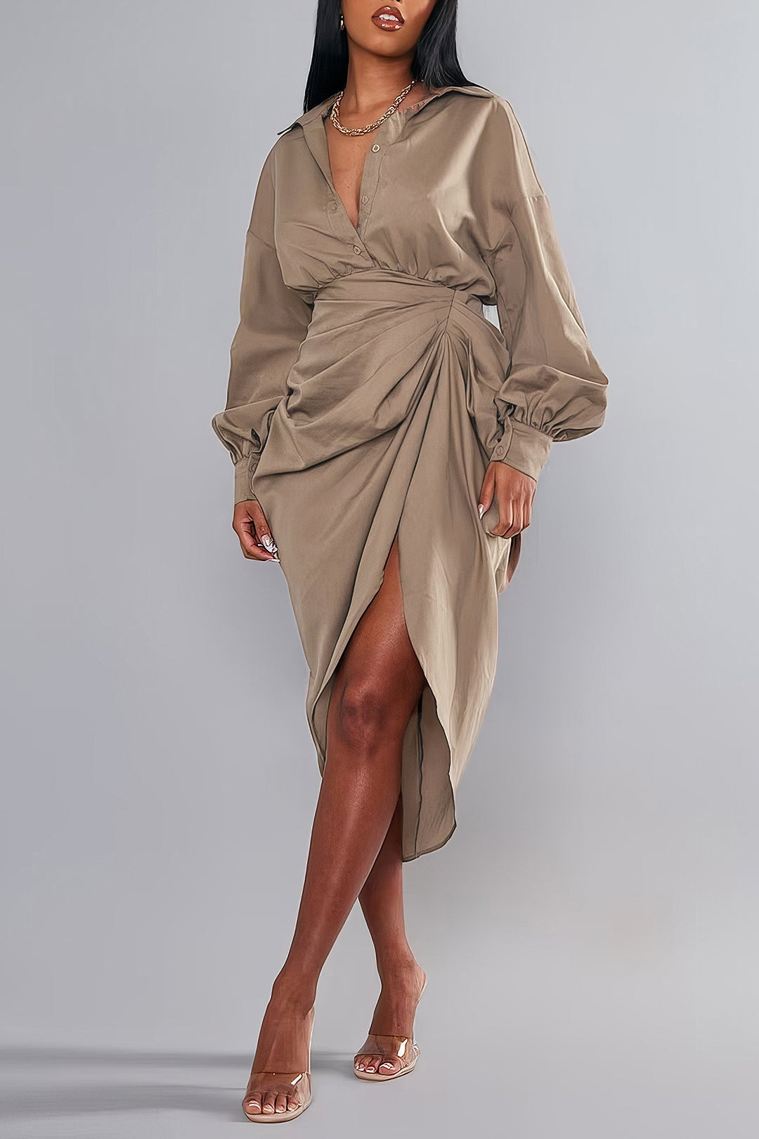 Aiertu  V-Neck Ruched Slit Midi Dress Aiertu