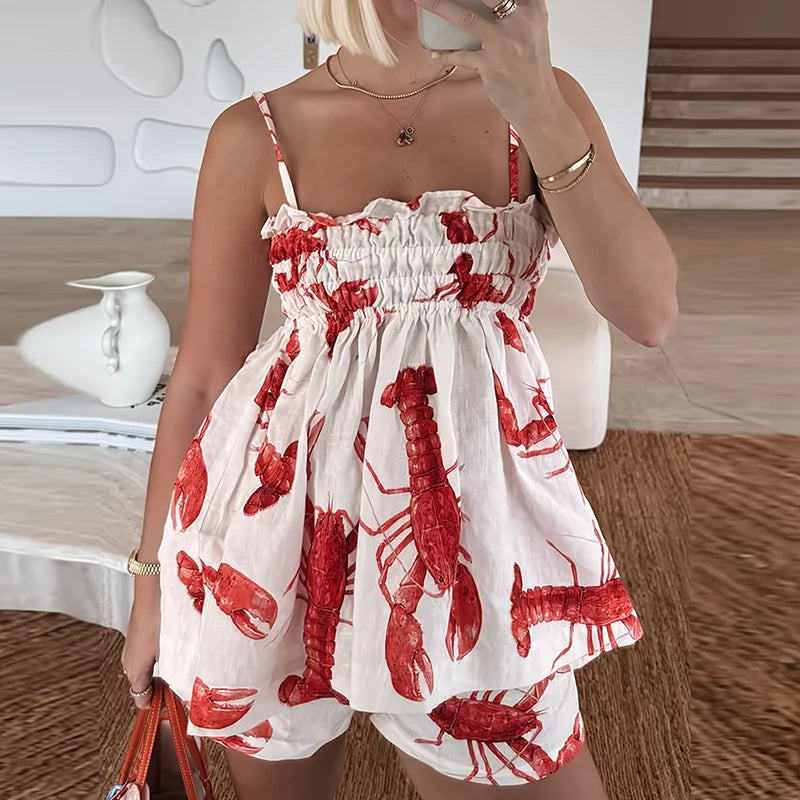 Aiertu  -  Summer Hollow Out Off Shoulder Ruffle Beach Suit Hawaii Beach Shorts Outfit Fashion Pattern Printed Holiday Women's 2 Piece Set Aiertu