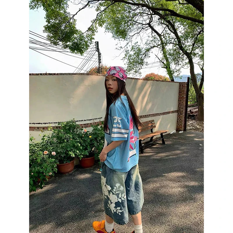 Aiertu  -  Y2k Baggy Vintage Blue Jorts Women High Waist American Streetwear Wide Leg Knee Length Jeans Casual Loose Summer Denim Shorts Aiertu