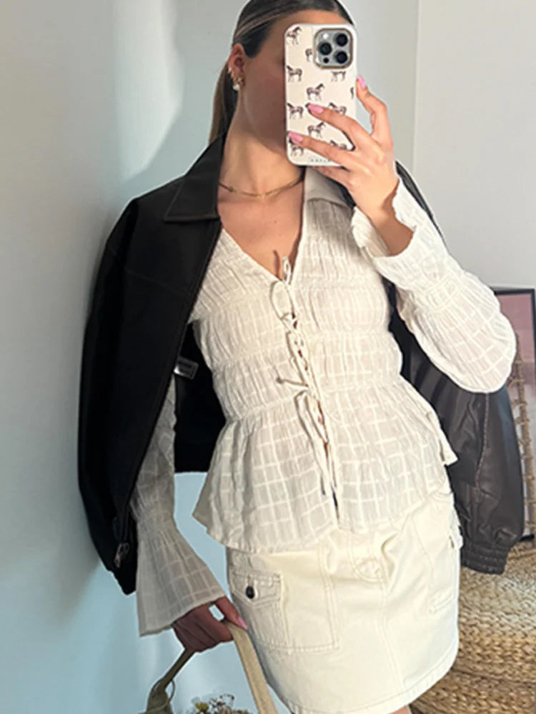 Aiertu  -  Chic Folds Long Puff Sleeve Shirts For Women Elegant Turn-down Collar Lace Up Blouse Summer Holiday Commute Street Beach Tops Aiertu