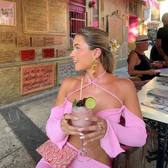 Aiertu  -  Pink Knitted Skirts Sets Women Off Shoulder Long Sleeve Crop Tops+Long Skirt Summer Holiday Sexy Bikini Cover-up 2 Piece Set New Aiertu