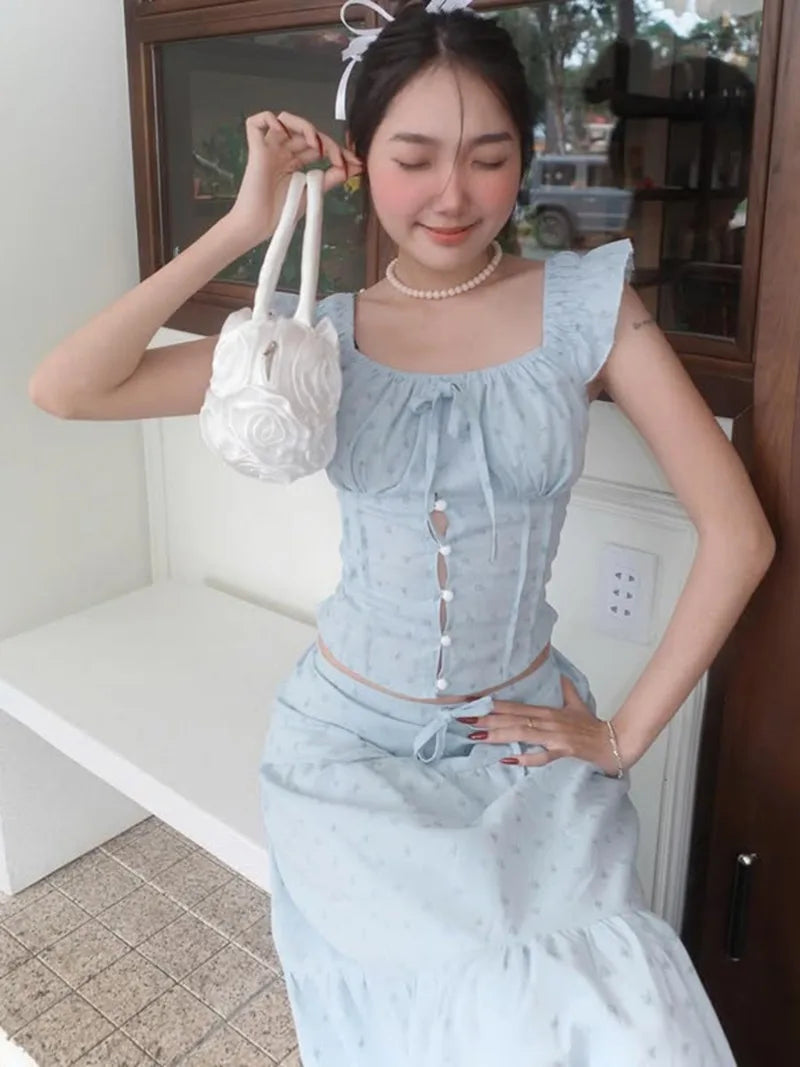 Aiertu  -  Floral Print Two Piece Set Woman Smocked Crop Top and Long Skirts Sets Shoujo Girl Style Vacation Outfits P67-GZ41 Aiertu