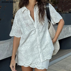 Aiertu  -  2 Pieces 1 Set 2025 Sexy Women White Embroidery Hole Loose Short Sleeve Shirt Back Zipper High Waist Package Hips Mini Skirts Aiertu