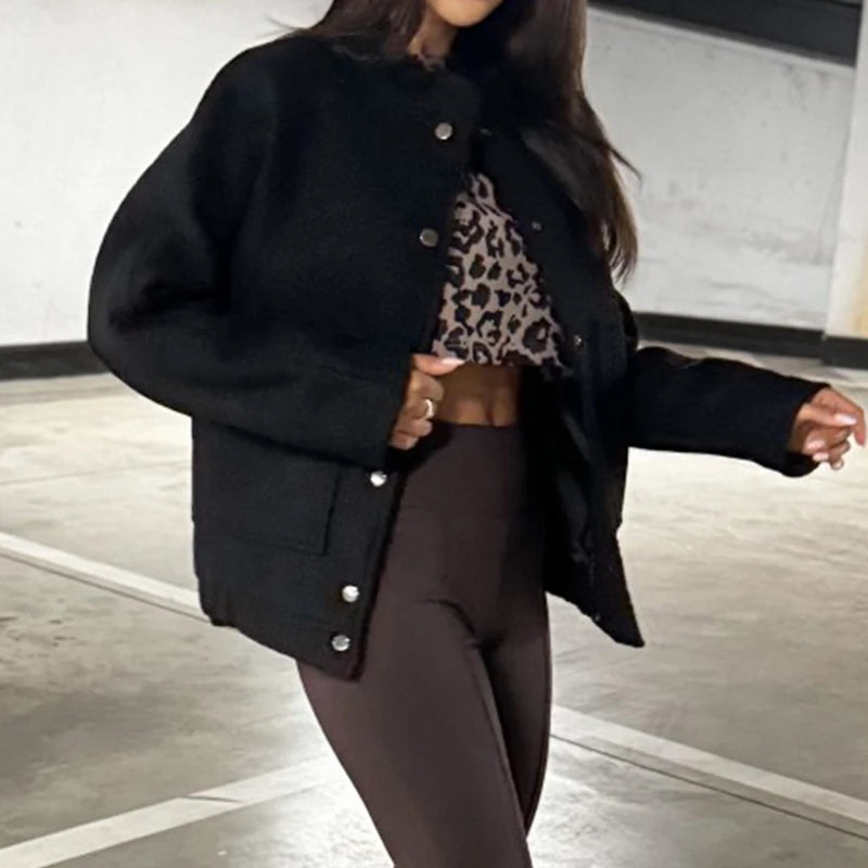 Aiertu  -  Women Elegant Stand Collar Solid Short Jackets Autumn Casual Long Sleeves Loose Outerwears Winter Fashion Single Breasted Coats Aiertu