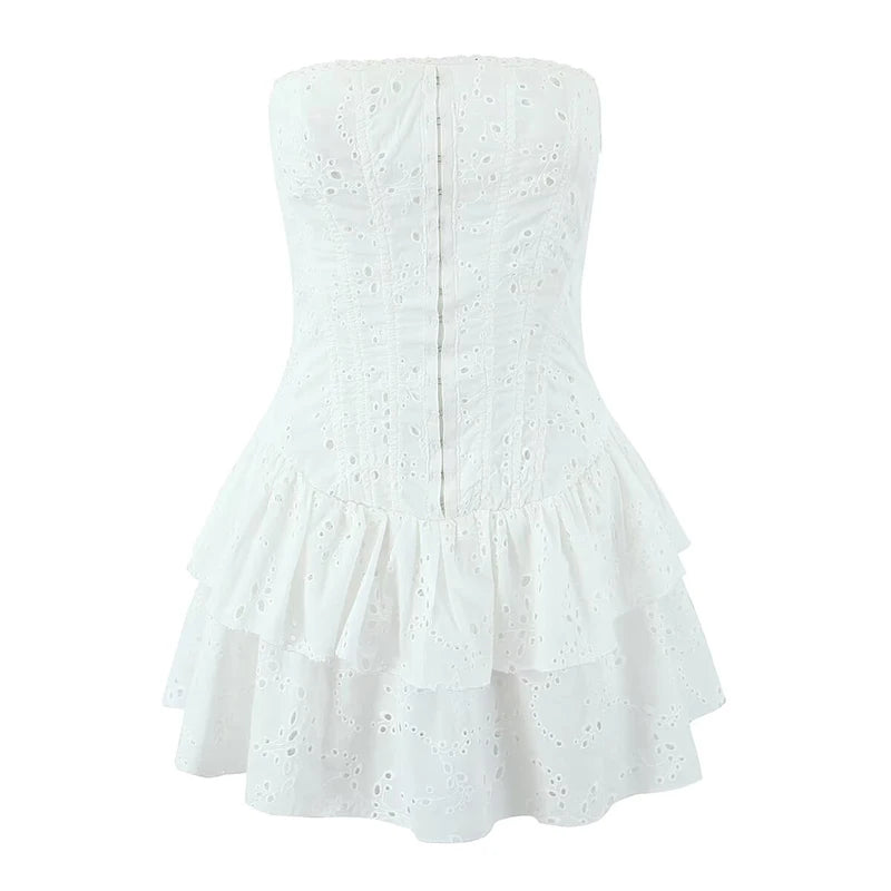 Aiertu  -  Sexy Women Black White Hollow Out Embroidery Strapless Dress Summer Cotton Fit And Flare Party Mini Robe Aiertu