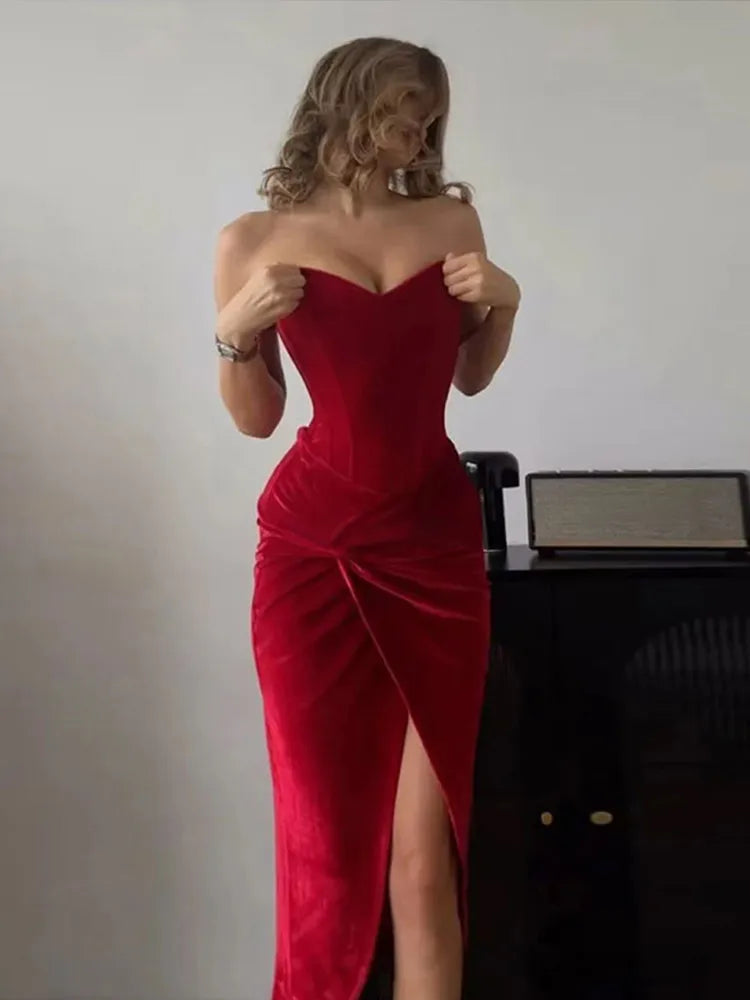 Aiertu  -  Strapless Long Dresses Women Elegant Slim Backless Bandage Vent Robe Female Fashion High Waist Chic Dresses Lady Aiertu