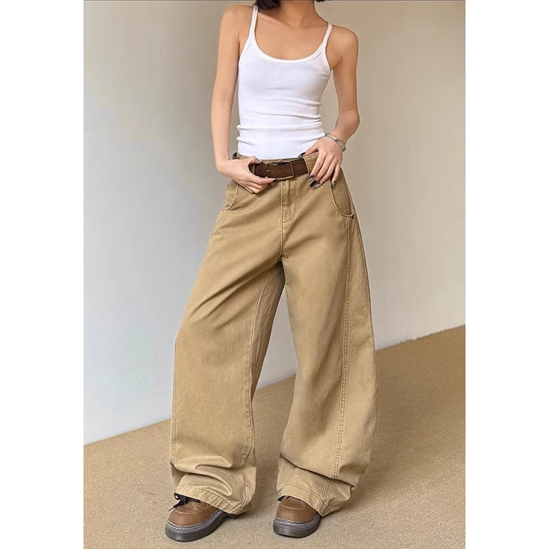 Aiertu  American Vintage 2000s Style High Waist Camel Jeans Pants Summer Fashion Women's Baggy Y2K Wide Leg Denim Trouser Female Clothes Aiertu