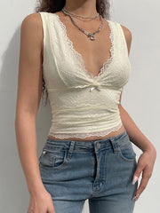 Aiertu - summer inspo Solid Sleeveless Two Layer Lace V Neck Slim Y2K Crop Top Women Cute Basic Summer Vest Aiertu