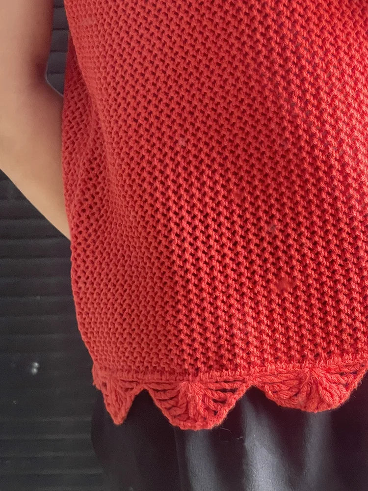 Aiertu  -  Knitted Tank Top in Red Sleeveless Round Neck Crochet Vintage Vest Ruffle Edging Tops 2024 New in Summer Woman Clothing Aiertu