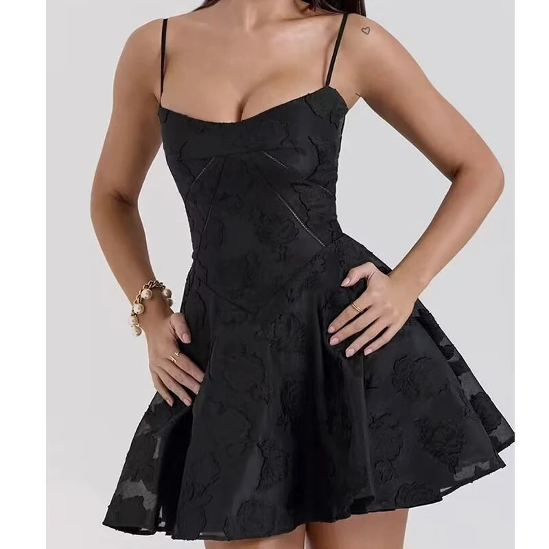 Aiertu  -  Vintage Jacquard Sling Sexy Dress For Women Thin Straps O Neck Low Waist A-line Mini Dresses Female Lace Up Back Summer Robe Aiertu