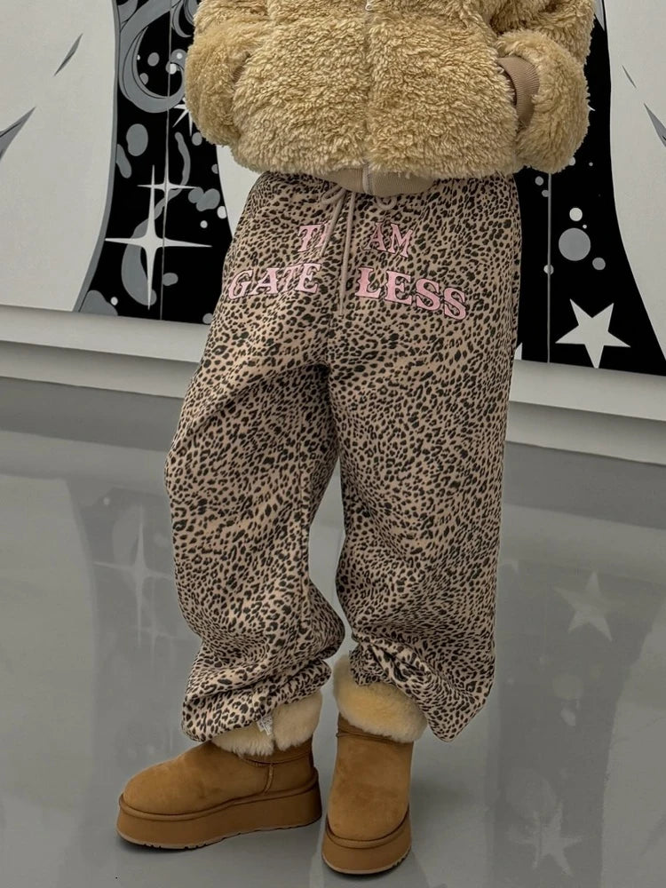 Aiertu  -  Y2k Vintage Leopard Print Mid Waist Long Pants Women American Retro Streetwear Hip Hop Letter Print Loose Trousers 2025 Aiertu