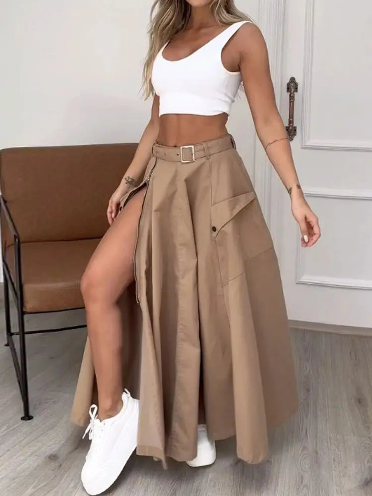 Aiertu  -  Sleeveless Solid Color Slit Two Piece Set High Waist Long Skirt Summer Beach Female Sweet Bra Naked Waist Chic Casual Beach Aiertu