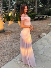 Aiertu  -  Elegant Slash Neck Pleated Mesh Patchwork Dress Women Fold Sleeveless Backless Chic Summer 2025 Robe Slim Sexy Party Dresses Aiertu