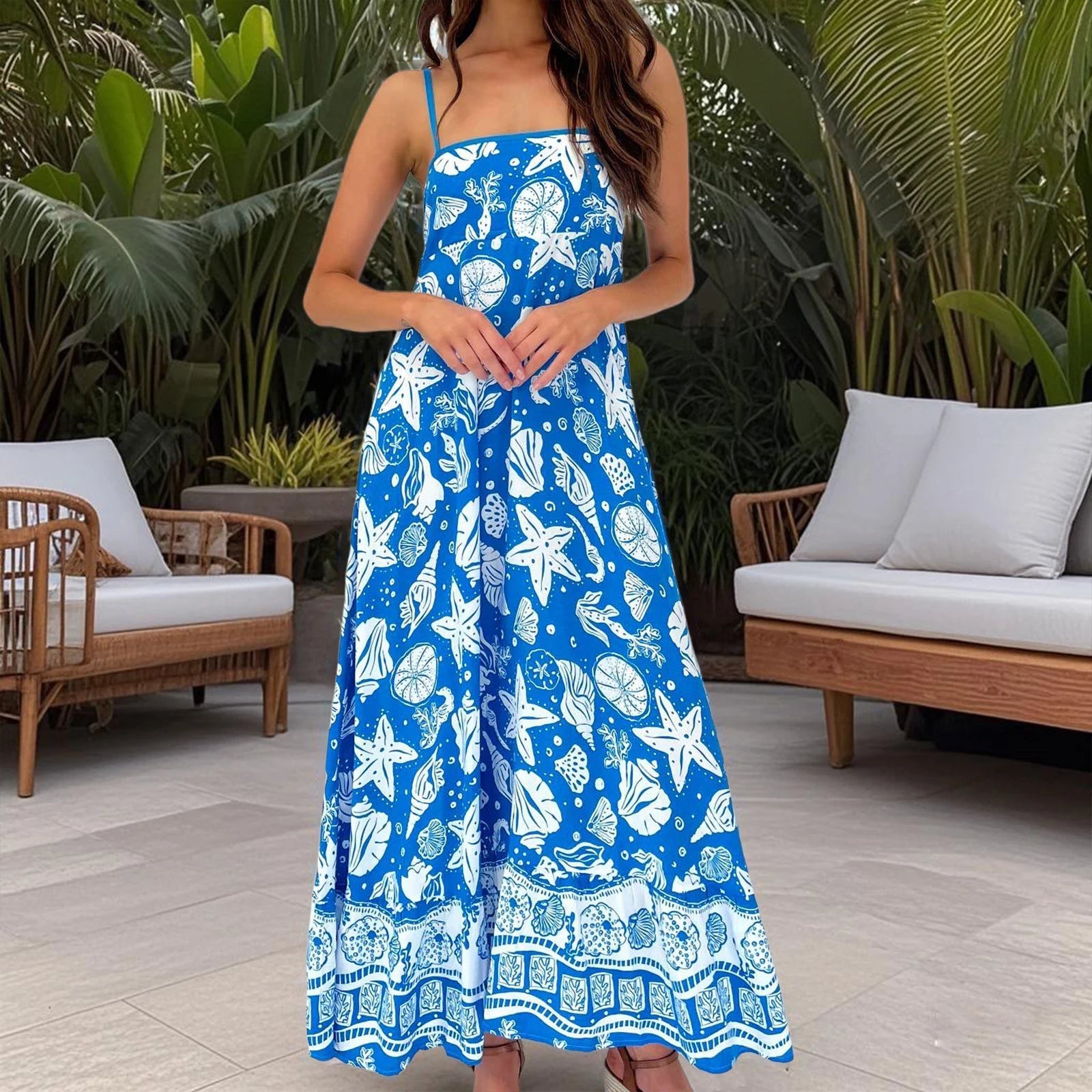 Aiertu  -   Women s Elegant Floral Print Sleeveless Maxi Dress with Adjustable Spaghetti Straps and A-Line Silhouette for Summer Beach Aiertu