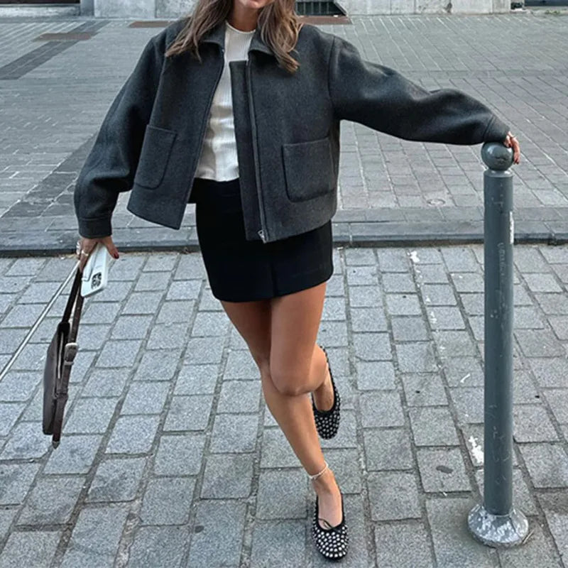Aiertu  Chic Solid Lapel Zipper Women Coat Casual Long Sleeve Pocket Short Jackets Autumn Winter Ladies Commute Highstreet Outwear Aiertu