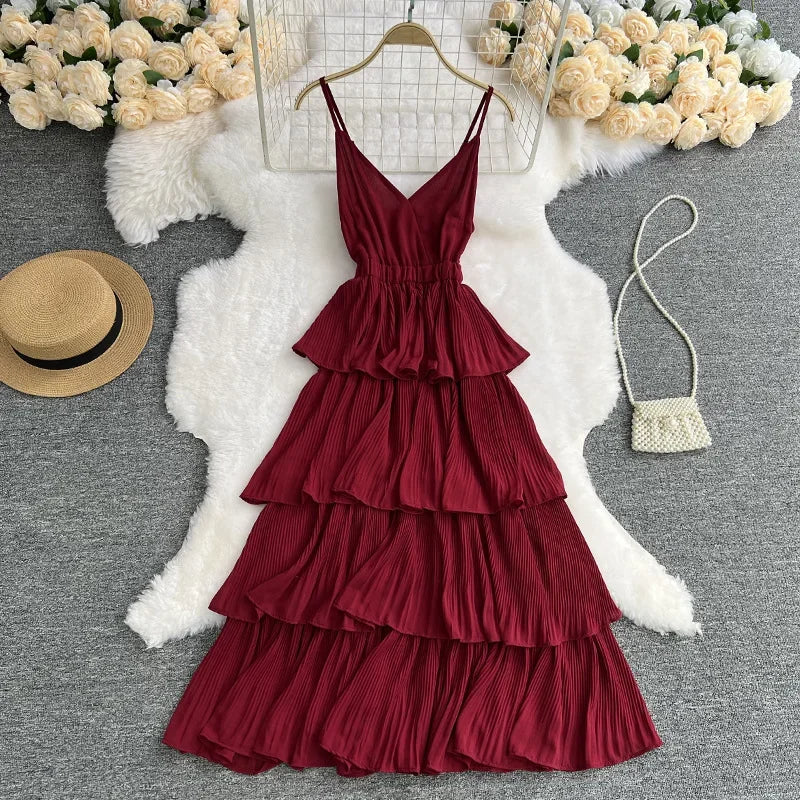 Aiertu  -  Travel Vacation Beach Dress Women's Solid Color Halter Pleated Cake Dress Aiertu