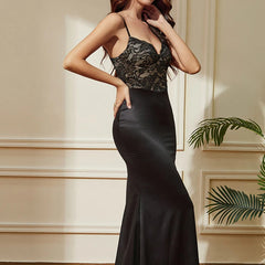 PICSGIRL - Sexy Lace Satin Patchwork Women's Fishtail Gowns 2024 Straps Sleeveless V Neck Open Back Sheath Long Dresses Party Clothing Aiertu
