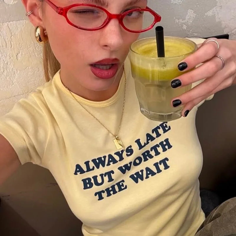 Aiertu  -  Y2K Light Yellow T-shirts for Women 2026 Summer O-neck Short Sleeve Letter Print Slim T Shirt Streetwear Girls Tees Crop Tops Aiertu