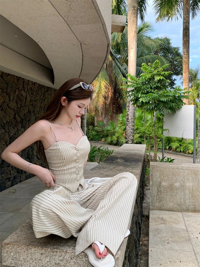Aiertu  -  Trendy Striped Suits for Women Chic Single Breasted Suspender Vest High Waist Wide Leg Pants 2025 New Elegant Lady 2 Piece Sets Aiertu