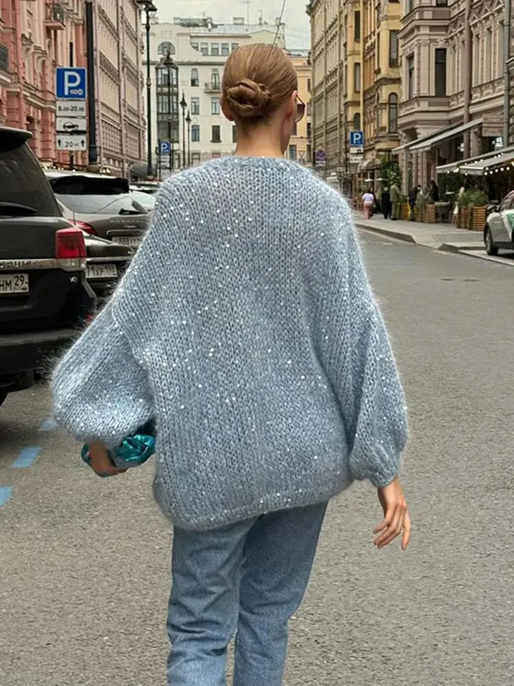 Aiertu  -  Sequins Knit Women Sweater Loose Deep V-neck Long Lantern Sleeve Female Pullover 2026 Autumn Winter Fashion Casual Lady Knitwear Aiertu