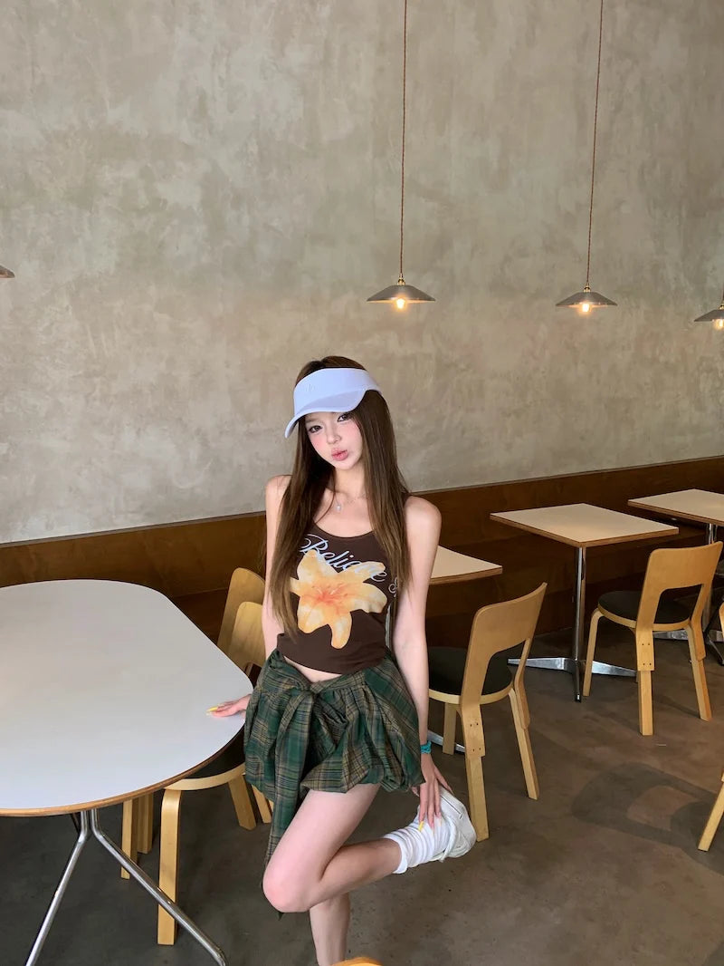 Aiertu  -  Summer New American Lace-up Pleated Plaid Casual Bud Skirt Women + Floral Printed Sexy Slim Camisole Two Pieces Suit Aiertu