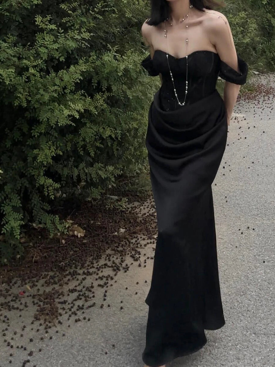 Aiertu  -  Formal Black Stitch Lace Satin Party Gown Women Maxi Boned Corset Sweetheart Mermaid Evening Dress Sexy Retro Clothes Aiertu
